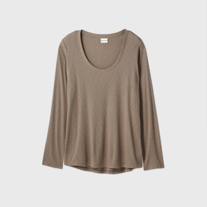 Women's Plus Size Long Sleeve Scoop Neck T-shirt - Ava & Viv Brown X