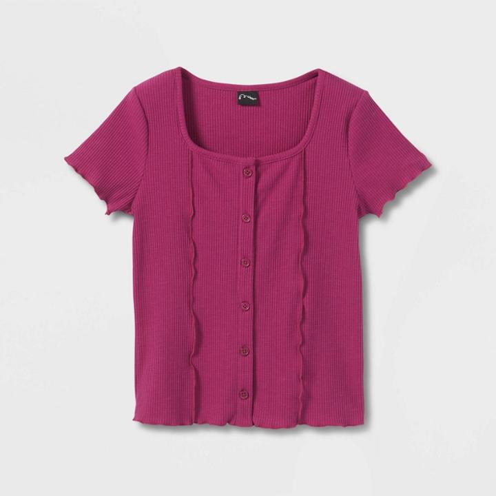 Girls' Button-front Exposed Seam T-shirt - Art Class Dark Pink