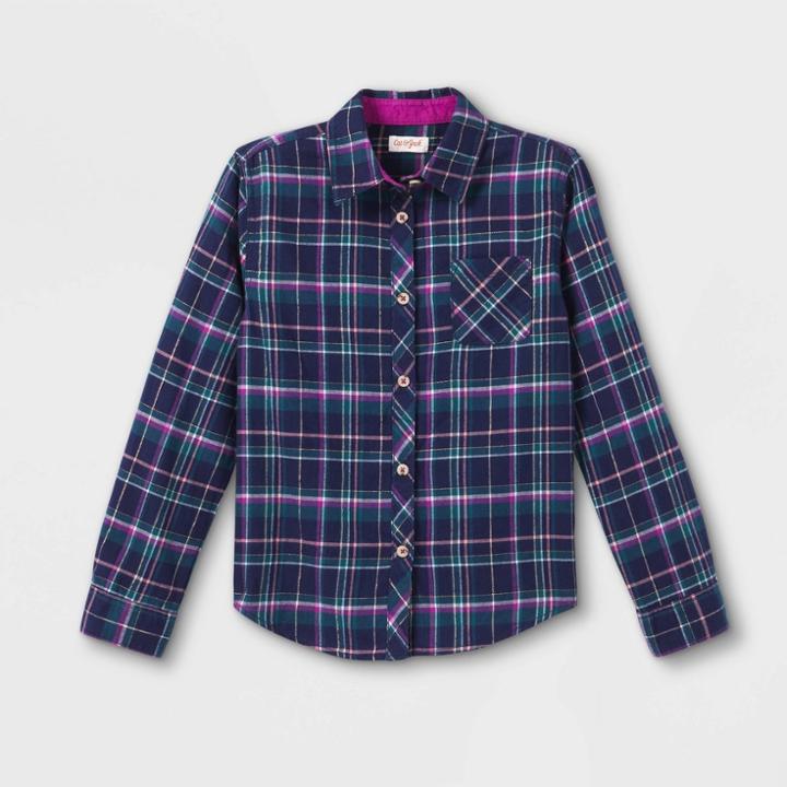 Girls' Plaid Long Sleeve Button-down Shirt - Cat & Jack Blue