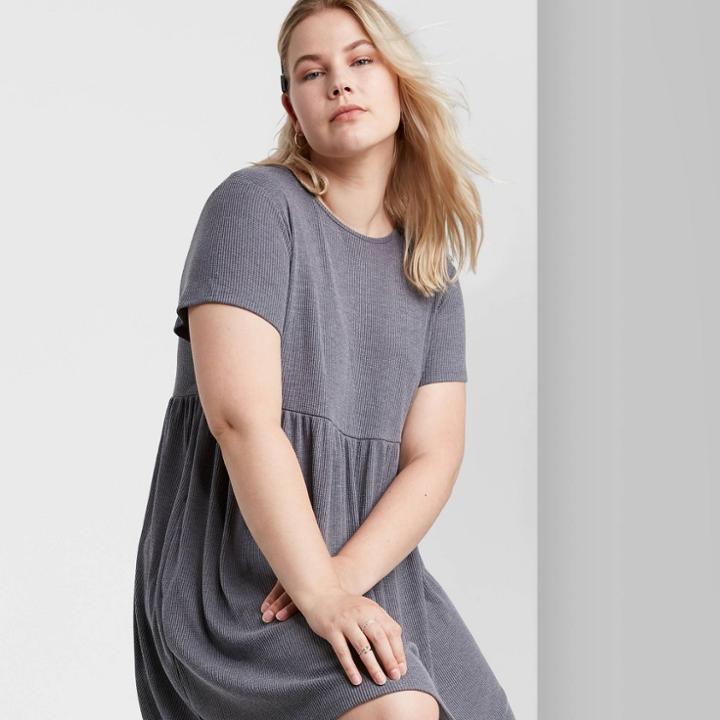 Women's Plus Size Waffle Short Sleeve Babydoll Dress - Wild Fable Heather Gray