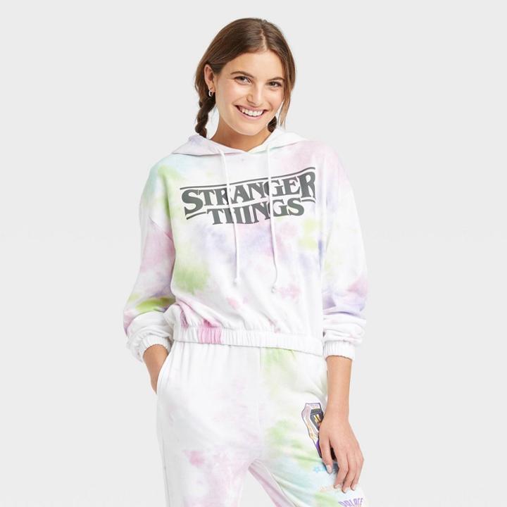 Women's Stranger Things Palace Arcade Hooded Graphic Sweatshirt - White Tie-dye