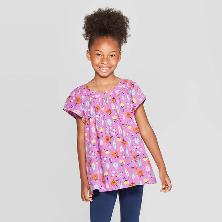 Girls' Floral Short Sleeve Woven Top - Cat & Jack Purple