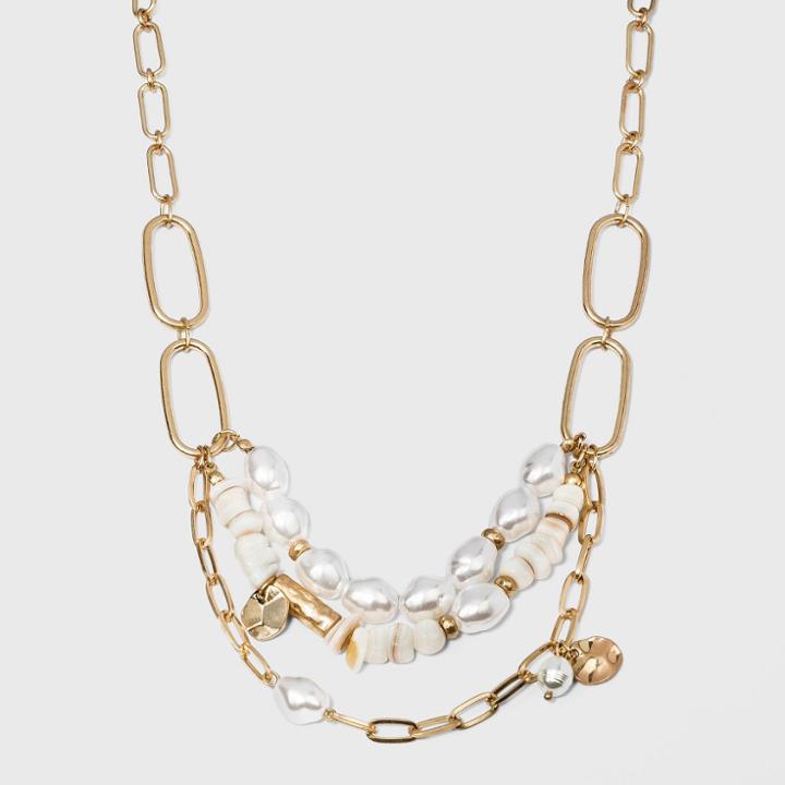 Pearl, Shell And Metal Charm Necklace - A New Day Gold