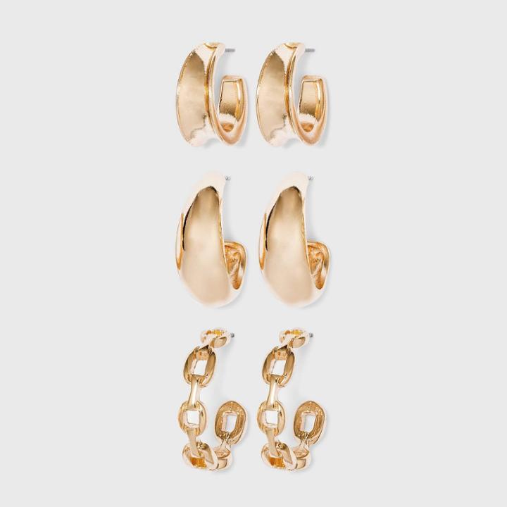 Gold With Chunky Hoops And Frozen Chain Trio Huggie Hoop Earrings - Wild Fable Gold