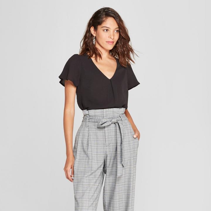 Women's Short Flutter Sleeve Blouse - A New Day Black