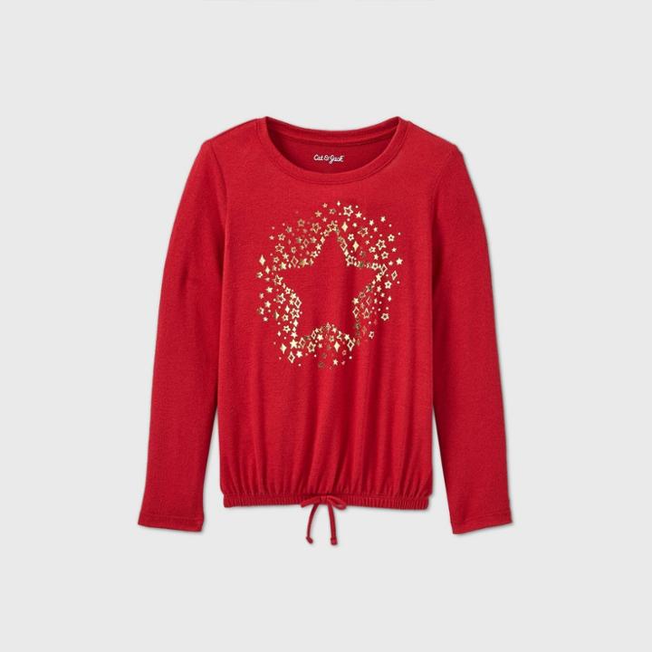 Girls' Long Sleeve Shine Star Cozy Pullover T-shirt - Cat & Jack Red