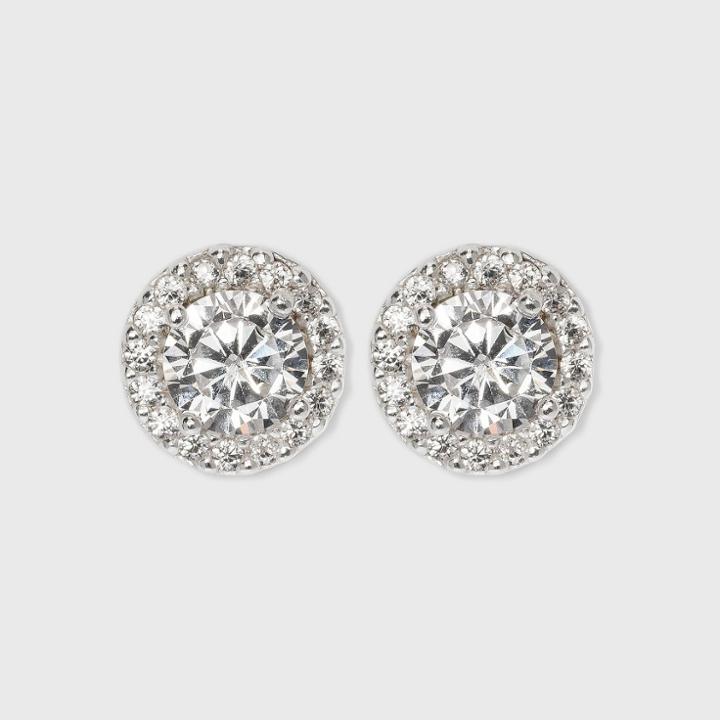 Women's Sterling Silver Cubic Zirconia Round Halo Button Earring - A New Day