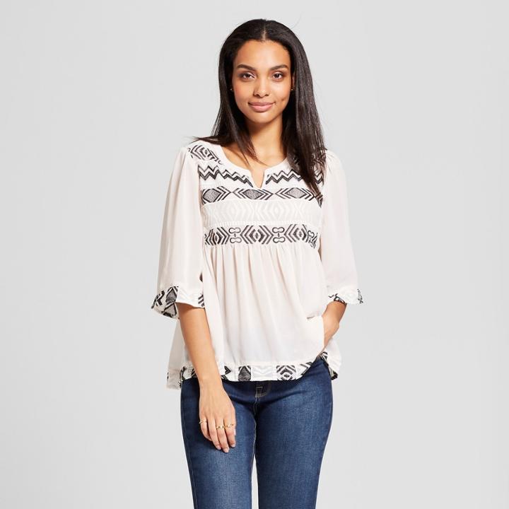 Women's Embroidered Peasant Top With Built In Cami - Knox Rose White