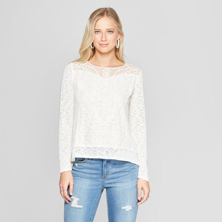 Women's Long Sleeve Sweater Knit Top With Lace Overlay - Xhilaration Ivory