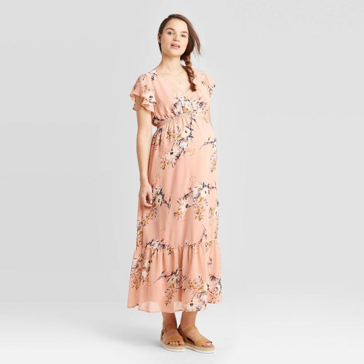 Maternity Floral Print Short Sleeve Smocked Maxi Dress - Isabel Maternity By Ingrid & Isabel Blush Xs, Women's, Pink