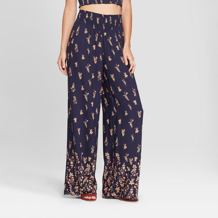 Women's Smocked Waist Floral Palazzo Pants - Xhilaration Navy (blue)