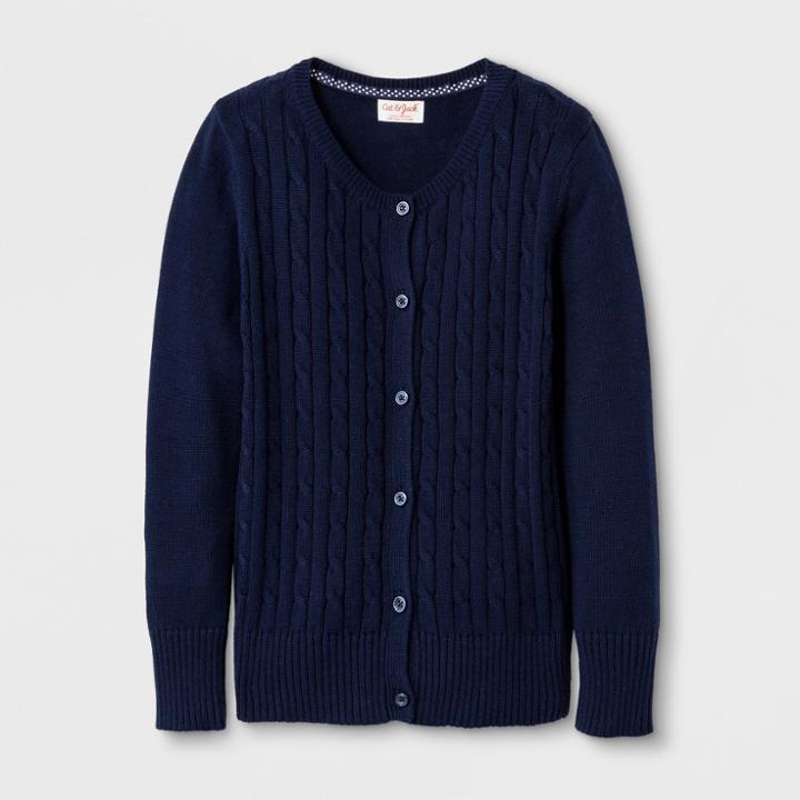Girls' Crew Neck Cable Knit Uniform Cardigan - Cat & Jack Navy (blue)
