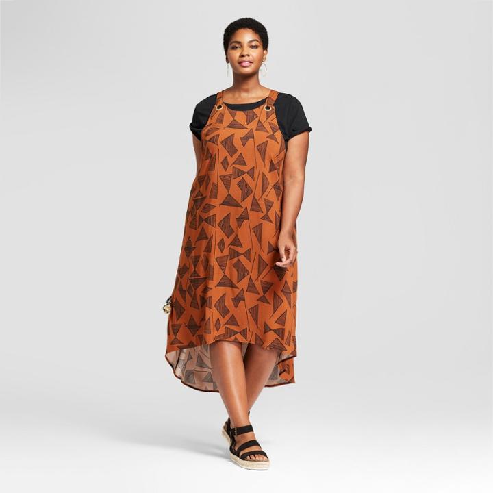 Women's Plus Size Geometric Print High-low Tie Back Sundress- Ava & Viv Brown/black