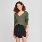 Women's Long Sleeve Vintage V-neck T-shirt - A New Day Olive (green)