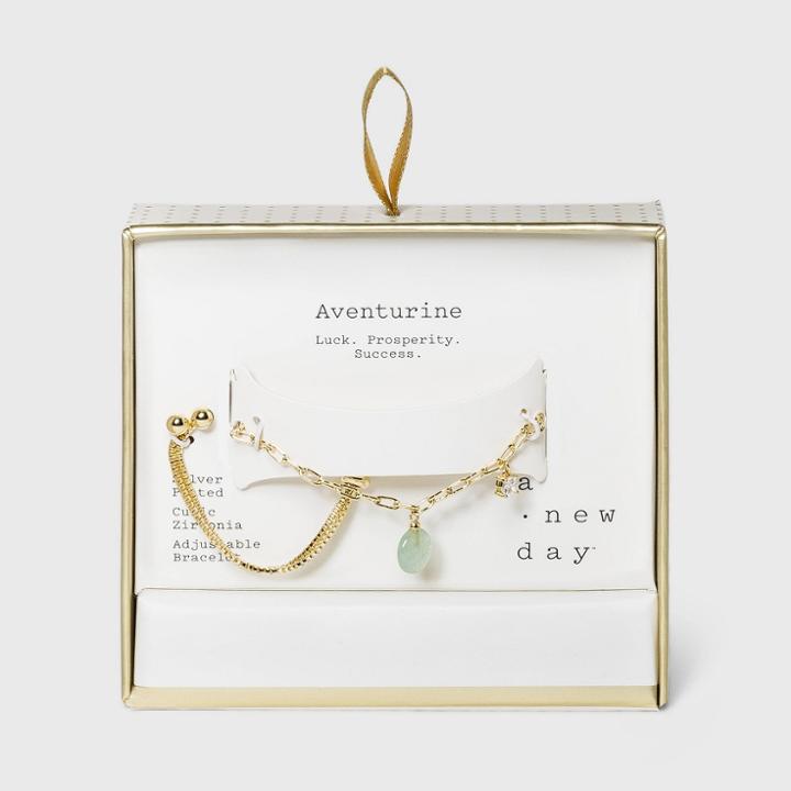 Silver Plated Aventurine Coin And Cubic Zirconia Paperclip Link Bracelet - A New Day Green