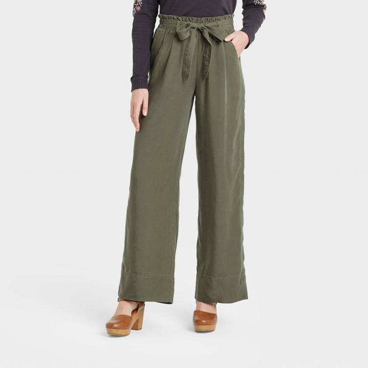 Women's Mid-rise Tie-waist Wide Leg Pants - Knox Rose Olive Green