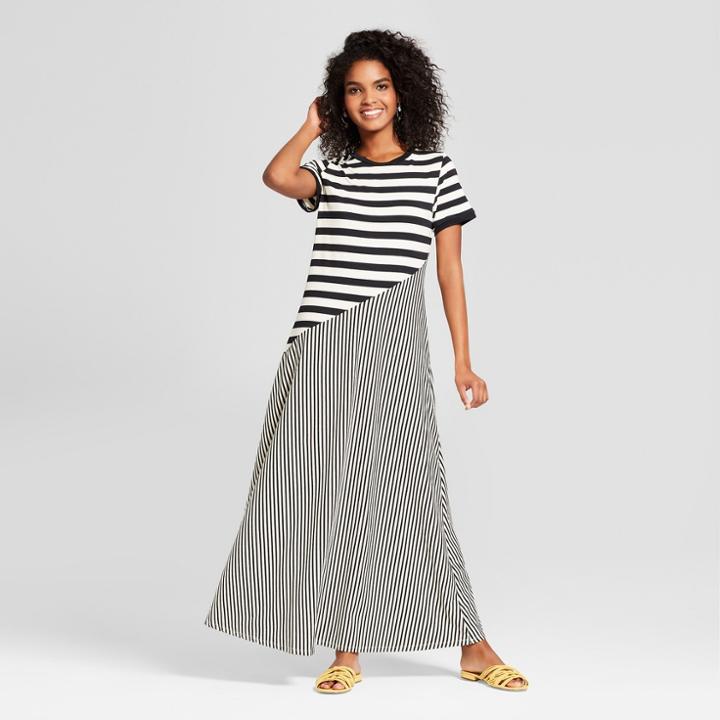 Women's Striped Short Sleeve Jersey T-shirt Midi Dress- Who What Wear Black/white Xs, Black/white