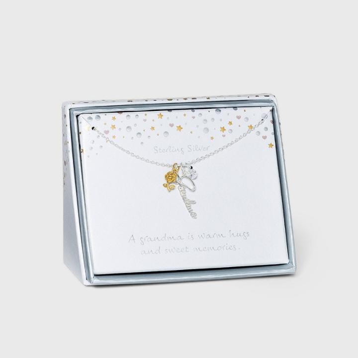 No Brand Sterling Silver With Cubic Zirconia 'grandma' And Rose Charm Necklace -
