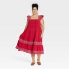 Women's Plus Size Ruffle Short Sleeve Embroidered Tiered A-line Dress - Knox Rose Red