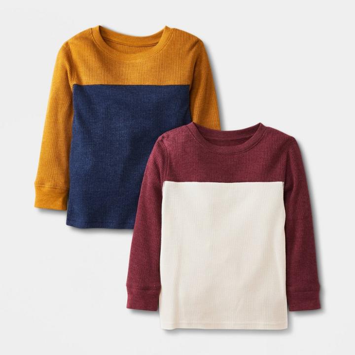 Toddler Boys' 2pk Long Sleeve Jersey Knit Crewneck T-shirt - Cat & Jack Gold/maroon