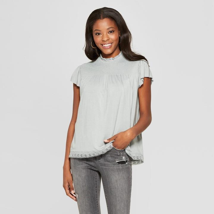 Women's Smocked Top Flutter Sleeve Knit Top - Xhilaration River Green