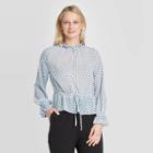 Women's Polka Dot Long Sleeve Keyhole Neck Ruffle Detail Drawstring Blouse - Who What Wear Blue