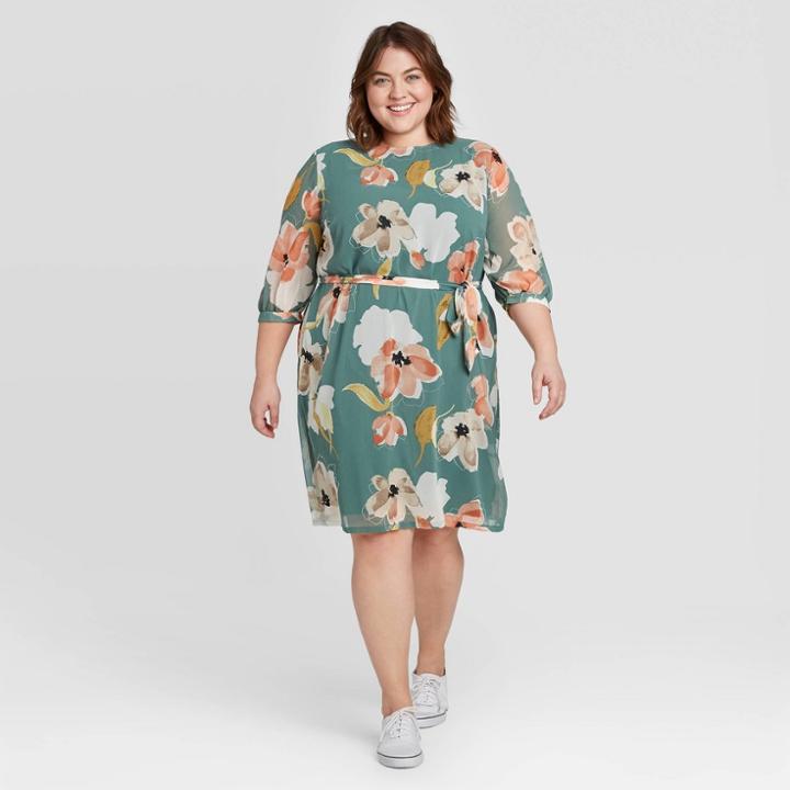 Women's Plus Size Floral Print Long Sleeve Midi Dress - Ava & Viv Green X, Women's