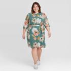 Women's Plus Size Floral Print Long Sleeve Midi Dress - Ava & Viv Green X, Women's