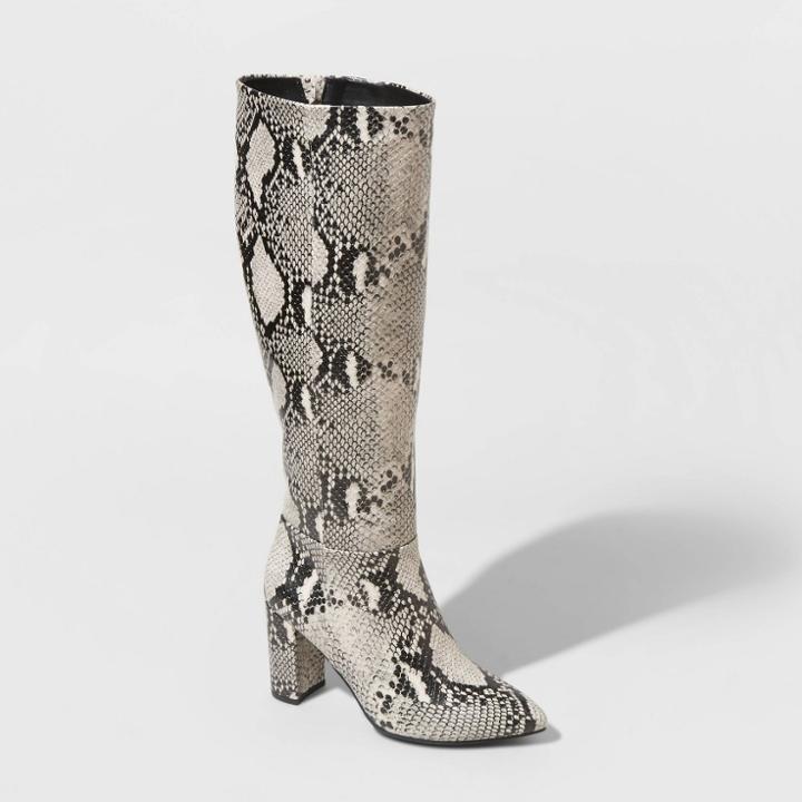 Women's Birgitte Animal Print Heeled Tall Fashion Boots - A New Day White
