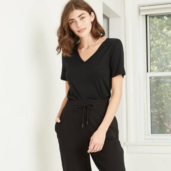 Women's 3pk Short Sleeve V-neck Fitted T-shirt - A New Day Black