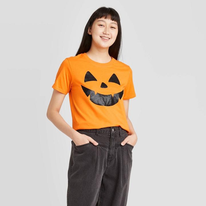 Zoe+liv Women's Jack O'lantern Glitter Face Halloween Short Sleeve Graphic T-shirt - Orange