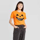 Zoe+liv Women's Jack O'lantern Glitter Face Halloween Short Sleeve Graphic T-shirt - Orange