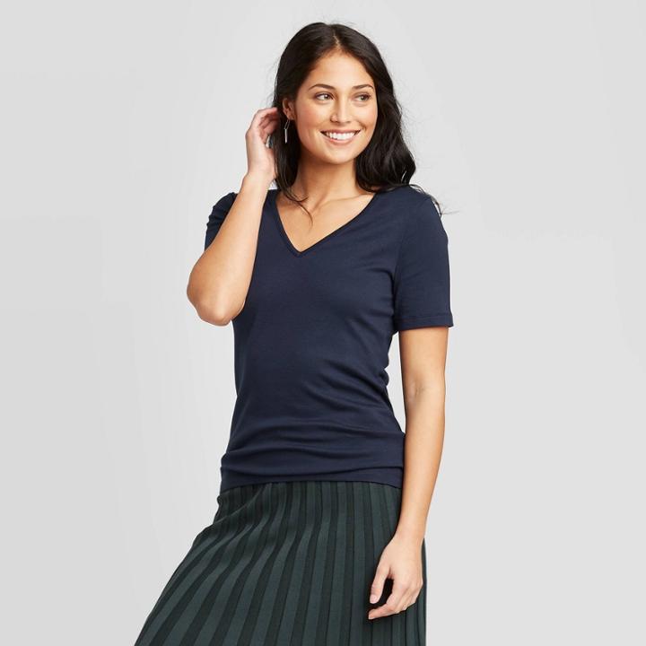 Women's Short Sleeve V-neck Fitted T-shirt - A New Day Navy Xs, Women's, Blue