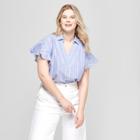 Women's Plus Size Striped Ruffle Short Sleeve Blouse - Ava & Viv Blue/white X
