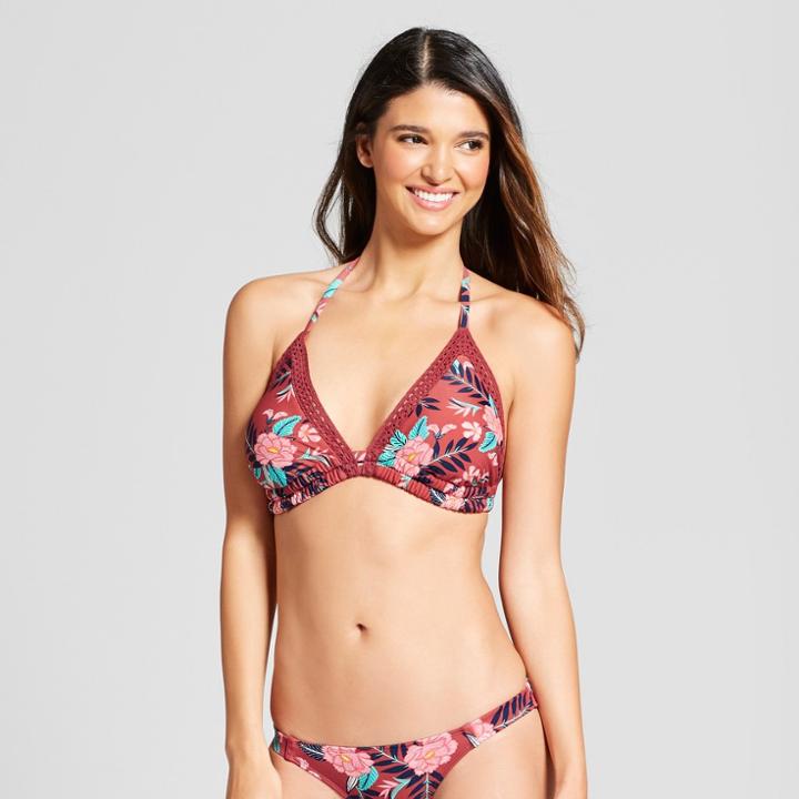 Women's Crochet Trim Triangle Bikini Top - Xhilaration Clay Floral D/dd Cup, Red