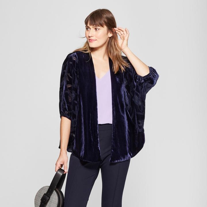 Women's Floral Velvet Kimono - A New Day Navy (blue),