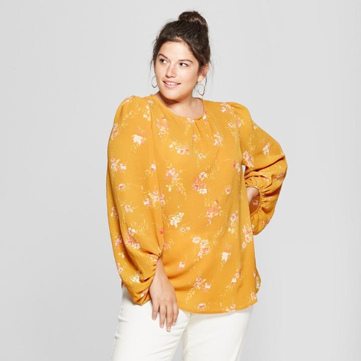 Women's Plus Size Floral Print Balloon Long Sleeve Blouse - Ava & Viv Yellow