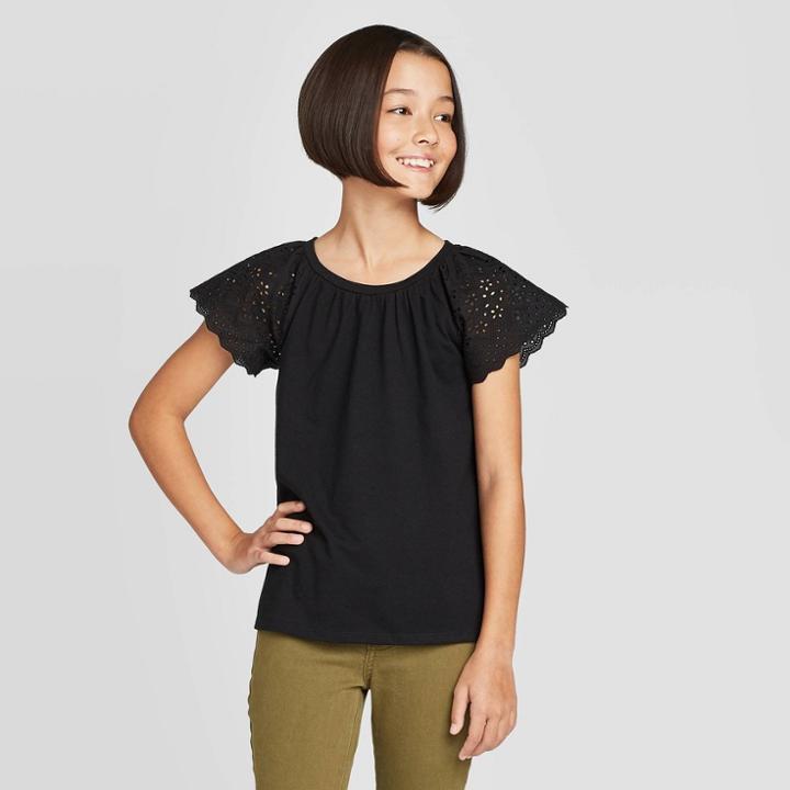 Petitegirls' Short Sleeve Eyelet T-shirt - Cat & Jack Black