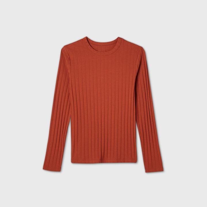 Women's Long Sleeve Wide Rib T-shirt - A New Day Rust