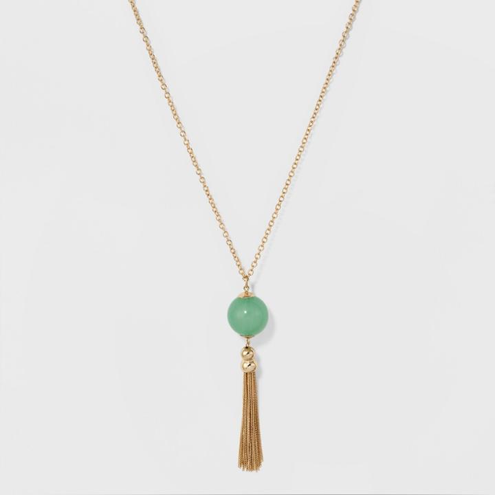 Acrylic Bead & Ball Chain Tassel Long Necklace - A New Day Green/gold