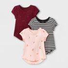 Toddler Girls' 3pk Floral Sparkle Striped Short Sleeve T-shirt - Cat & Jack Black/burgundy/pink