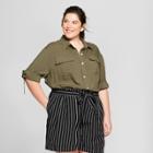 Women's Plus Size 3/4 Sleeve Utility Shirt - A New Day Olive (green)