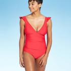 Women's Ruffle Shoulder High Coverage One Piece Swimsuit - Kona Sol Red S, Women's,
