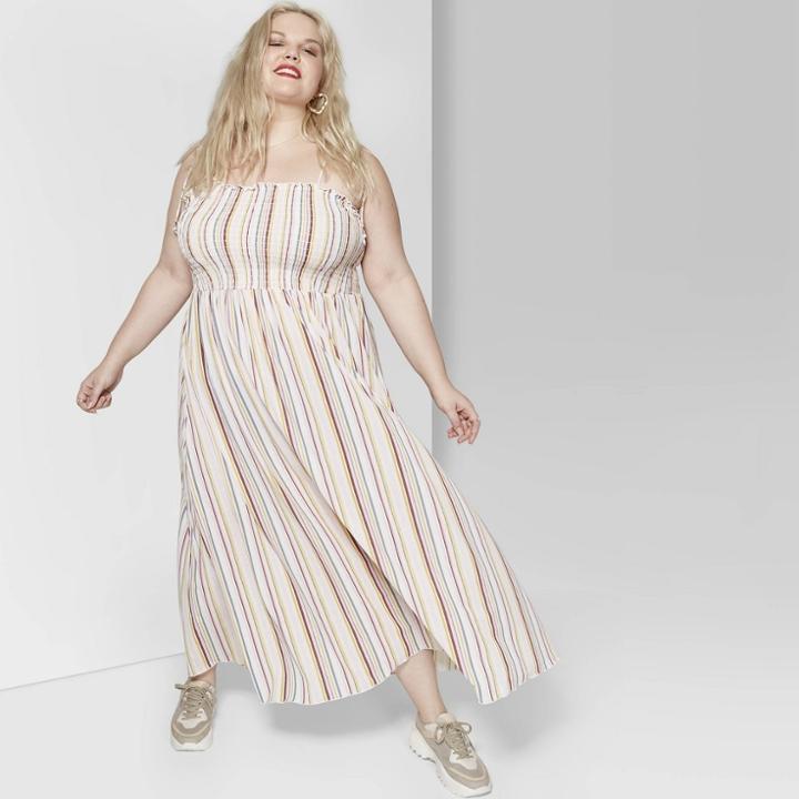 Women's Plus Size Striped Sleeveless Tie Strap Smocked Top Maxi Dress - Wild Fable Cream/rose