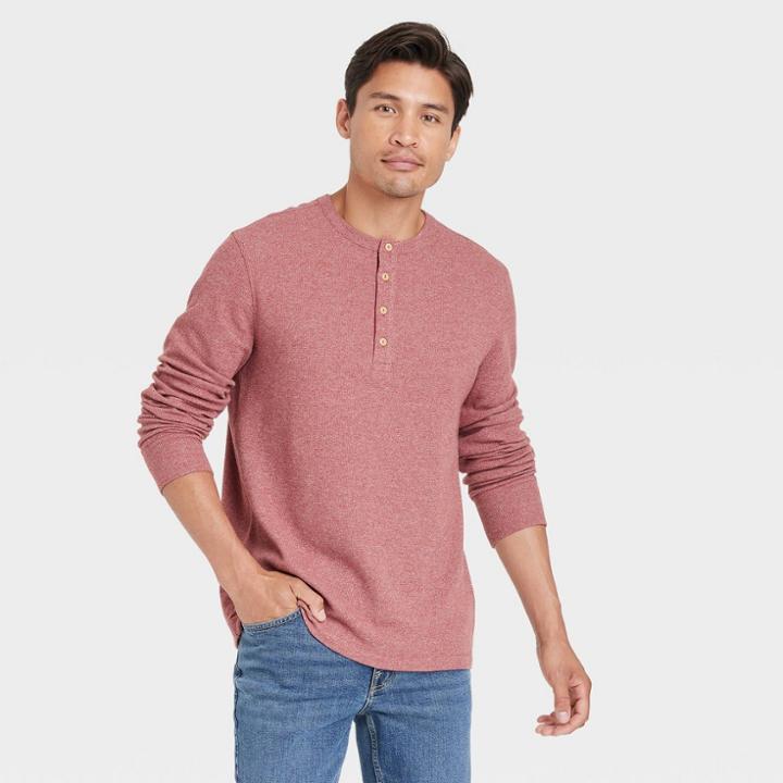 Men's Long Sleeve Textured Henley Shirt - Goodfellow & Co Heathered Red