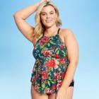 Women's Plus Size High Neck Mesh Tankini Top - Kona Sol Blue Floral