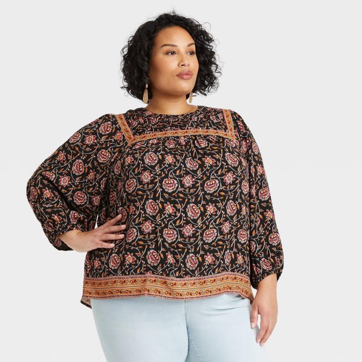 Women's Plus Size Long Sleeve Pleated Blouse - Knox Rose Black Floral