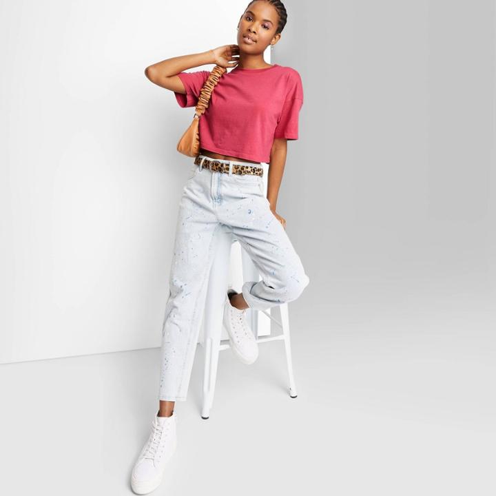 Women's Short Sleeve Botanical Dyed Boxy Cropped T-shirt - Wild Fable Red