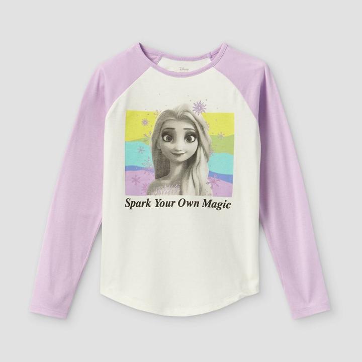 Girls' Frozen Elsa Spark Your Own Magic Raglan Long Sleeve Graphic T-shirt - Purple/off-white
