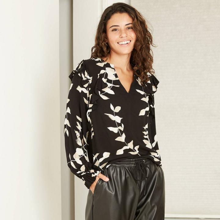 Women's Floral Print Long Sleeve Romantic Ruffle Blouse - A New Day Black